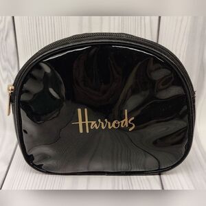 Harrods Glossy Black Patent Makeup Cosmetic Bag Case Gold Logo